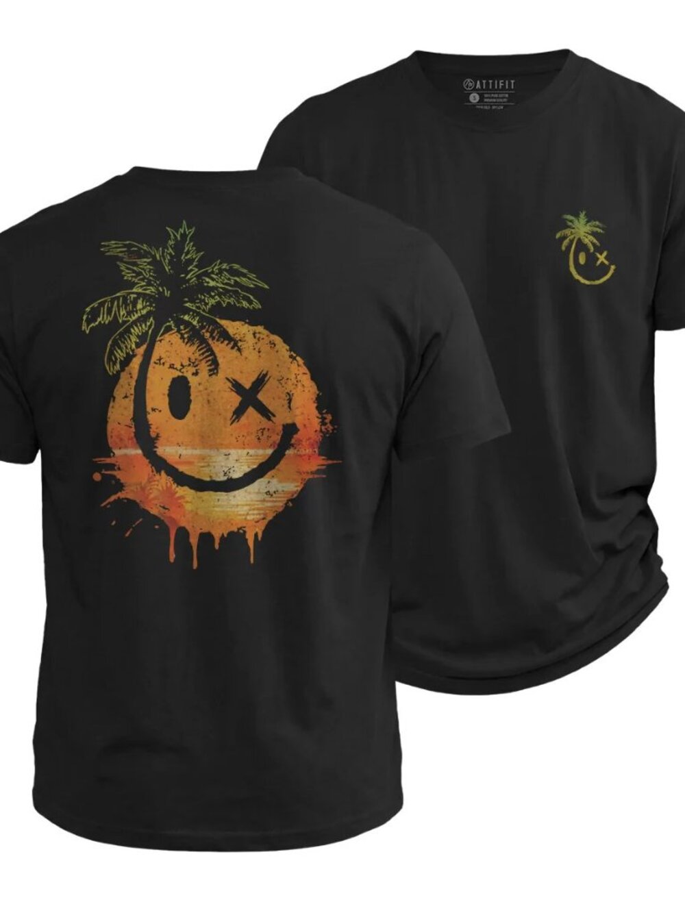 Attifit Smiley Sea Cotton Short Sleeve Black T-Shirt - Size S